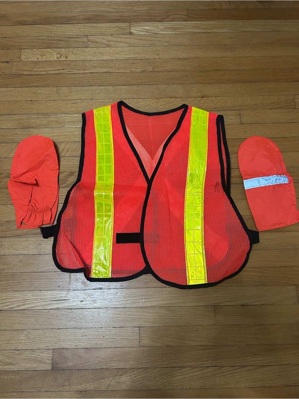 High-Visibility Safety Vest in Bright Orange with Reflective Strips and mitts